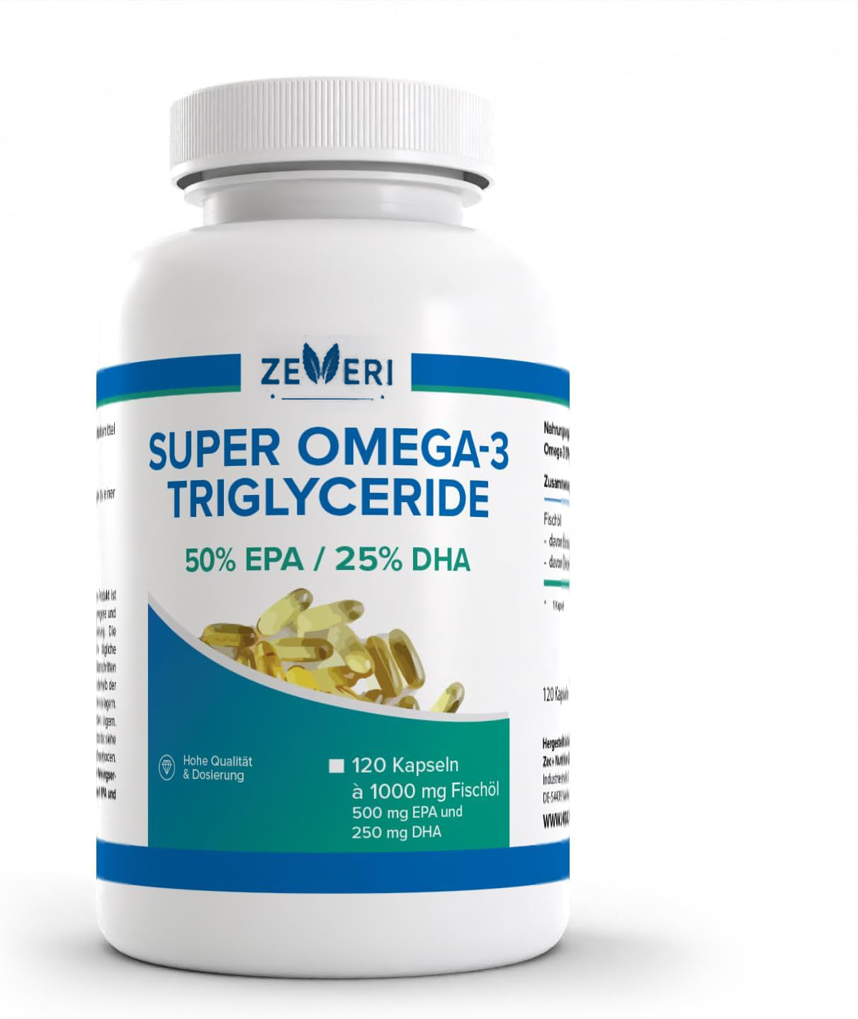 Zeveri Health+ Super Omega 3 Triglyceride Fischöl - 120 Kapseln mit wertvollen Omega-3-Fettsäuren, mit EPA und DHA, Made in Germany