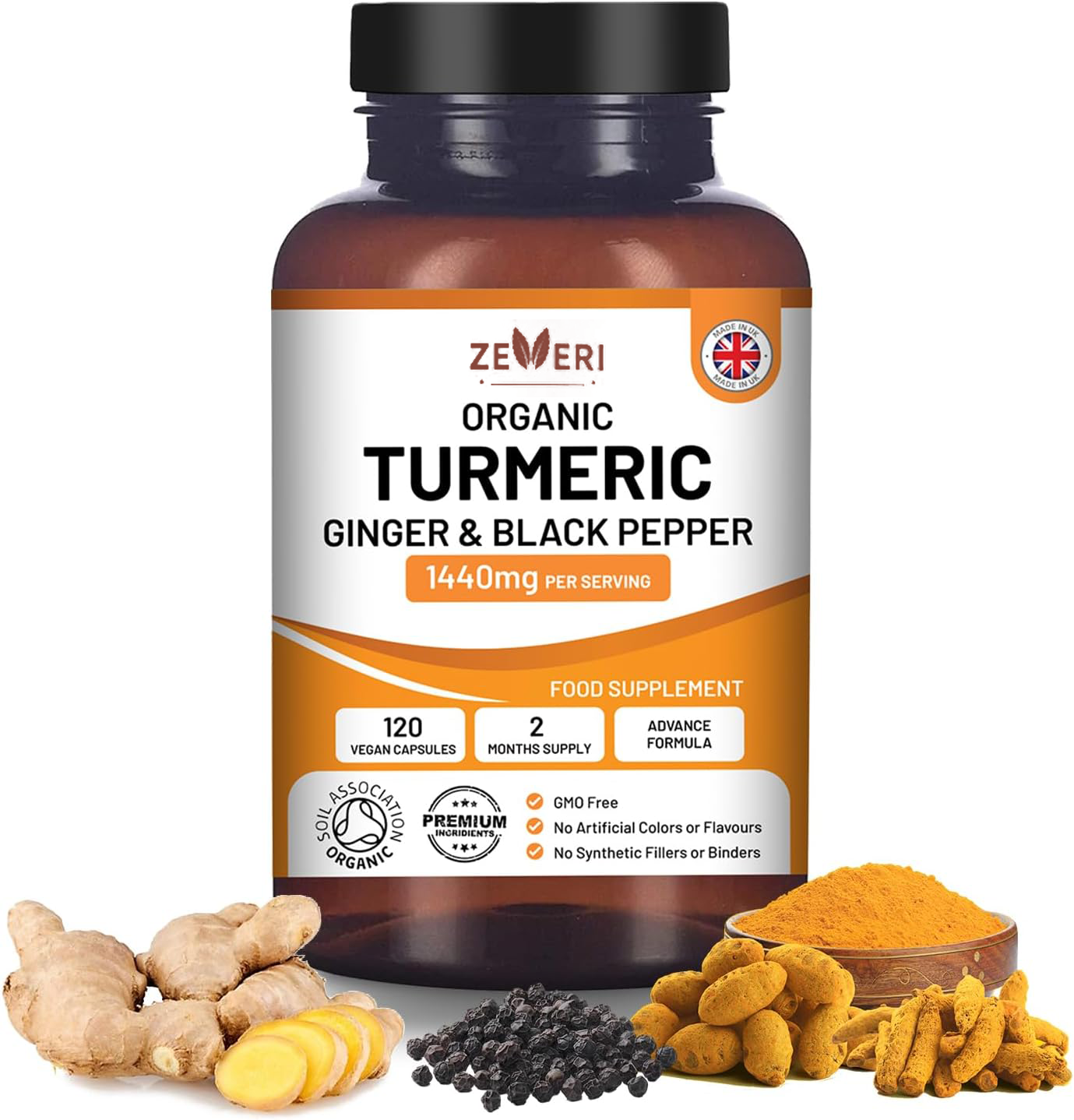 Zeveri Kurkuma Curcumin 1440 mg mit schwarzem Pfeffer und Ingwer I 120 Vegane Kurkuma-Kapseln Hochfest