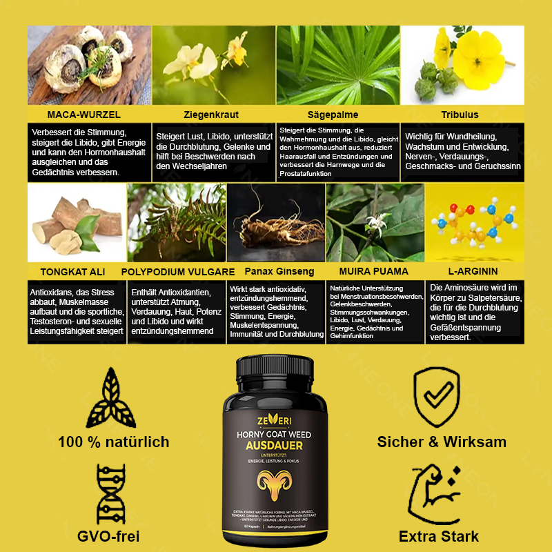 Zeveri Tongkat Ali- und Horny Goat Weed-Kapseln, 120 Kapseln, mit Maca, Ginseng und Tribulus. Pflanzliche Mischung zur Unterstützung von Energie, Ausdauer und Vitalität, für Männer, 2-Monats-Vorrat.