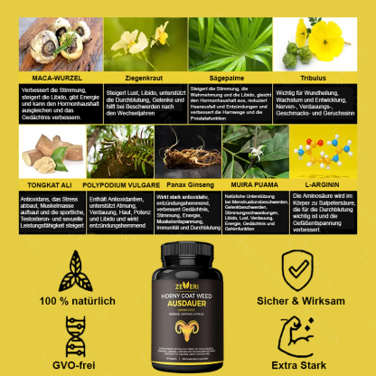 Zeveri Tongkat Ali- und Horny Goat Weed-Kapseln, 120 Kapseln, mit Maca, Ginseng und Tribulus. Pflanzliche Mischung zur Unterstützung von Energie, Ausdauer und Vitalität, für Männer, 2-Monats-Vorrat.