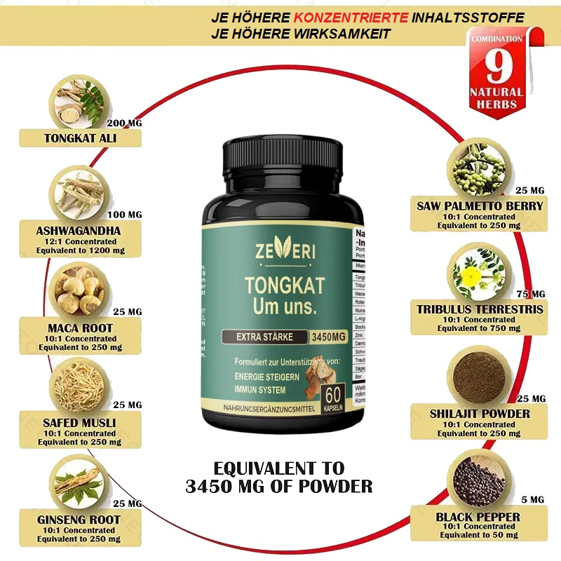 Zeveri Tongkat Ali- und Horny Goat Weed-Kapseln, 120 Kapseln, mit Maca, Ginseng und Tribulus. Pflanzliche Mischung zur Unterstützung von Energie, Ausdauer und Vitalität, für Männer, 2-Monats-Vorrat.