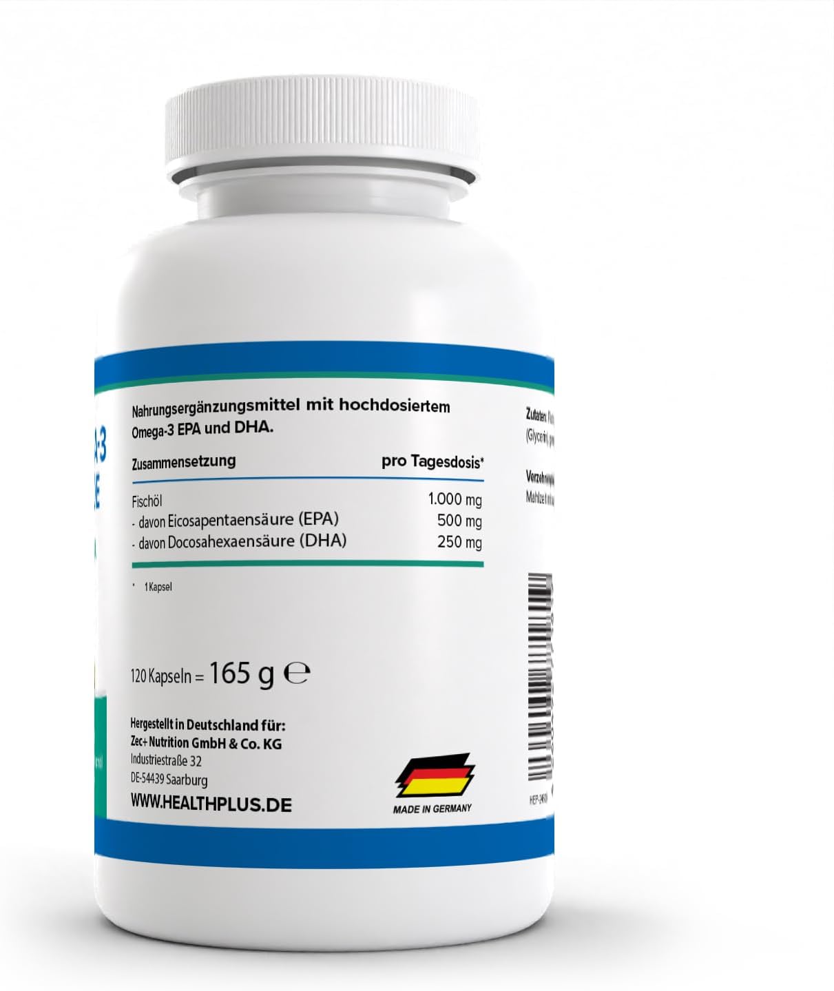 Zeveri Health+ Super Omega 3 Triglyceride Fischöl - 120 Kapseln mit wertvollen Omega-3-Fettsäuren, mit EPA und DHA, Made in Germany
