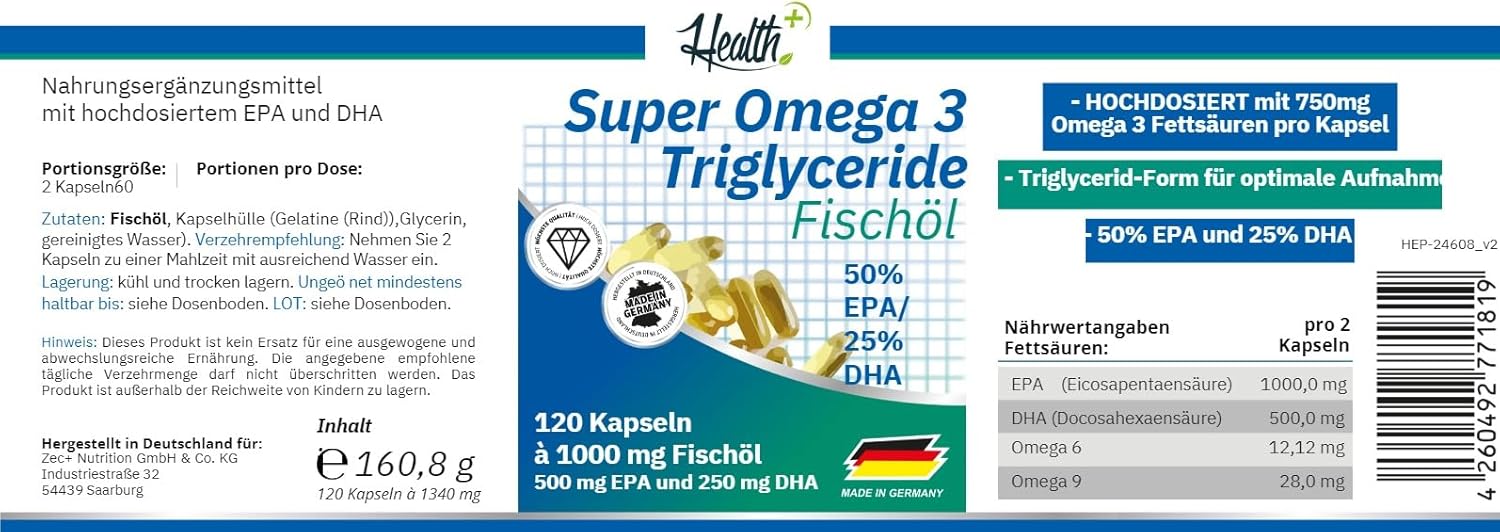 Zeveri Health+ Super Omega 3 Triglyceride Fischöl - 120 Kapseln mit wertvollen Omega-3-Fettsäuren, mit EPA und DHA, Made in Germany