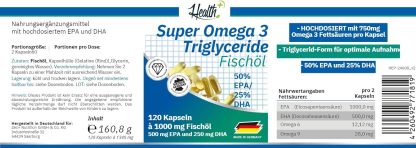 Zeveri Health+ Super Omega 3 Triglyceride Fischöl - 120 Kapseln mit wertvollen Omega-3-Fettsäuren, mit EPA und DHA, Made in Germany