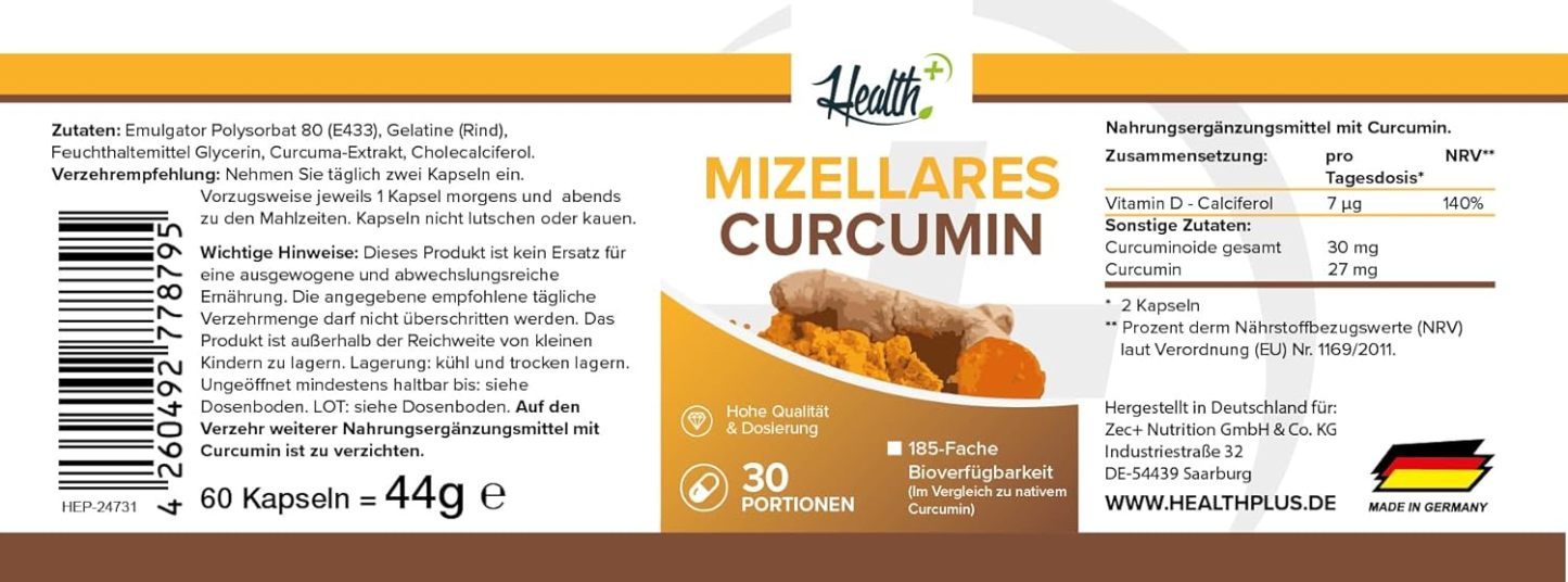 Zeveri Health+ Mizellares Curcumin - 60 Kapseln mit Curcuma-Extrakt, hohe Bioverfügbarkeit, Made in Germany