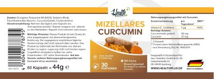 Zeveri Health+ Mizellares Curcumin - 60 Kapseln mit Curcuma-Extrakt, hohe Bioverfügbarkeit, Made in Germany