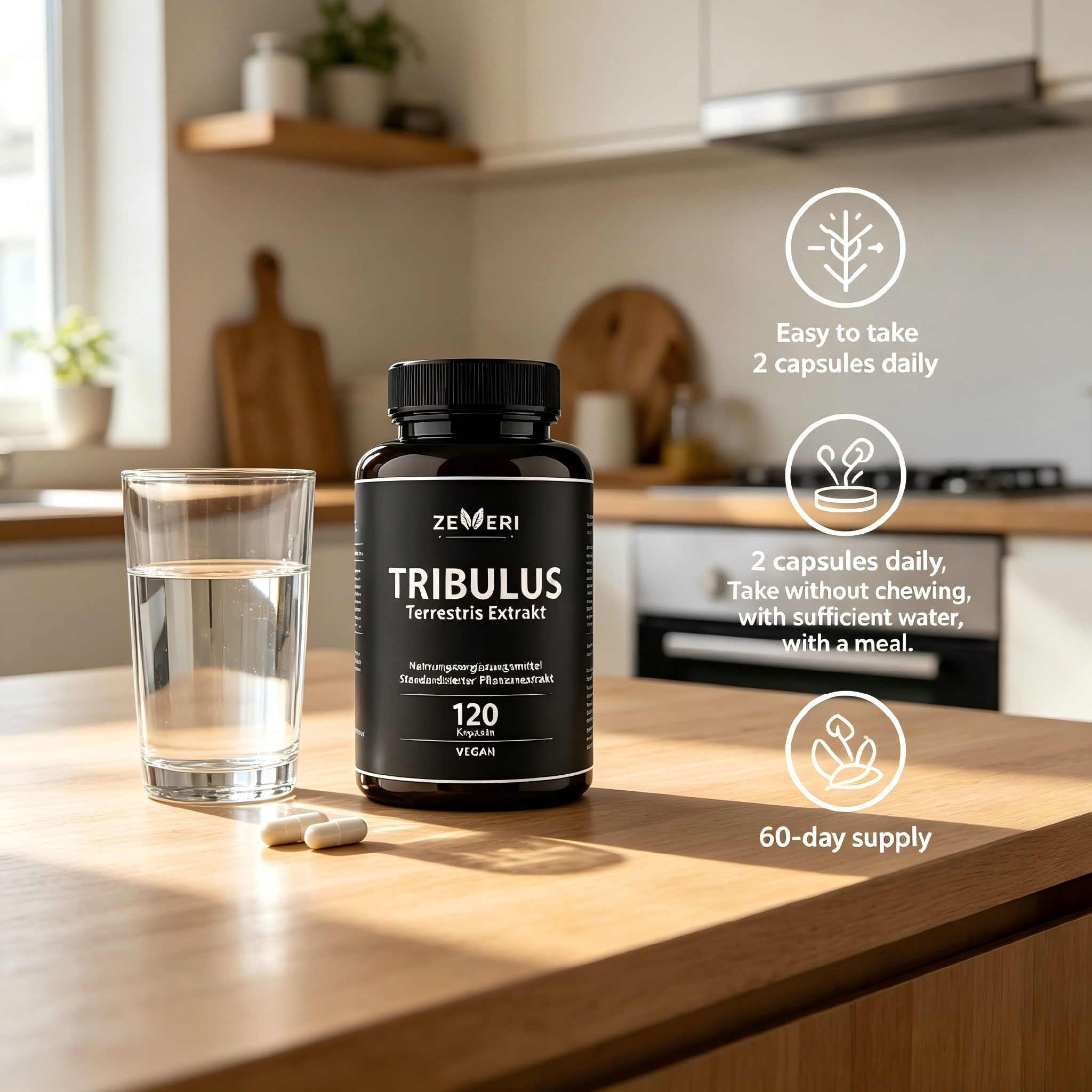 ZEERI Tribulus Terrestris Extrakt - 120 vegane Kapseln - Standardisierter Pflanzenextrakt - Ohne unerwünschte Zusätze