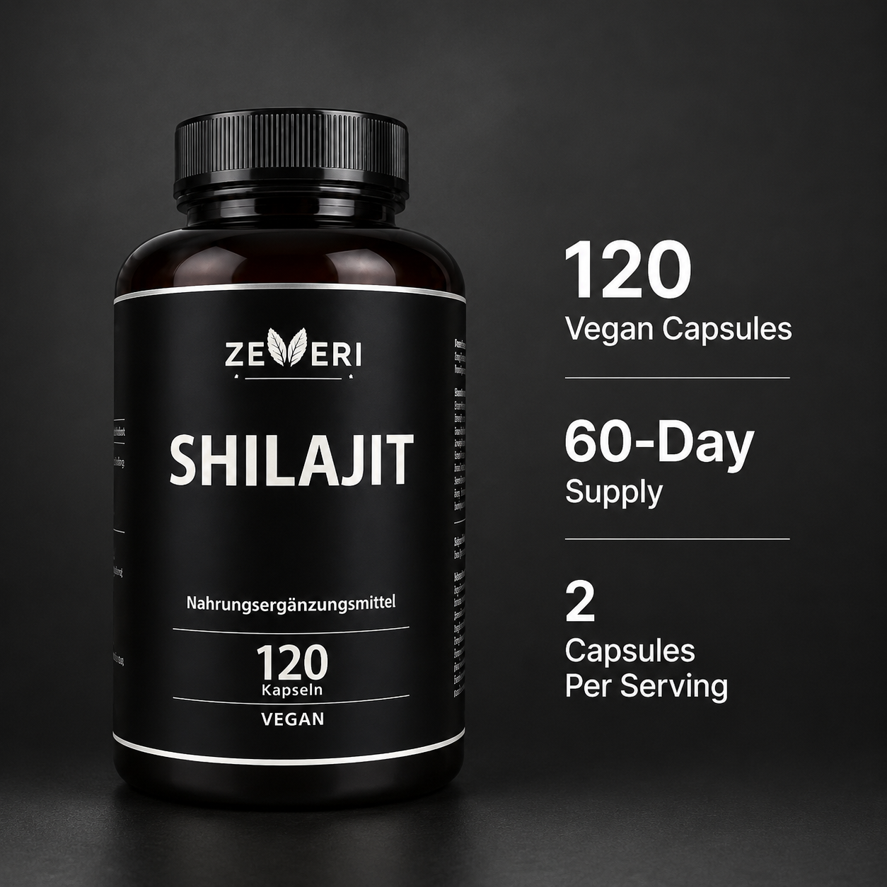 ZEERI Shilajit Kapseln - 120 vegane Kapseln - Standardisiertes Shilajit Pulver