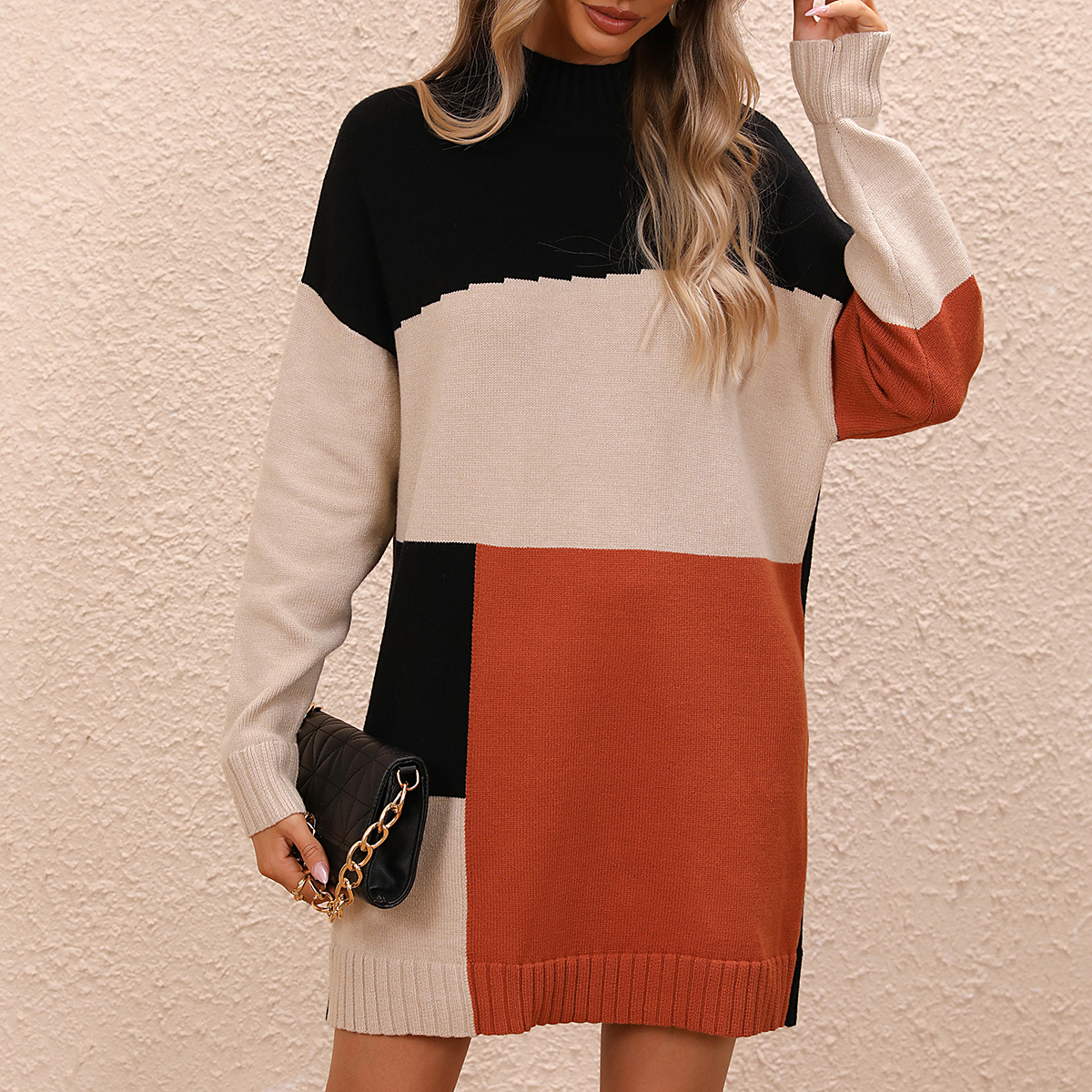 Women's color block dress round neck sweater plus size long sweater