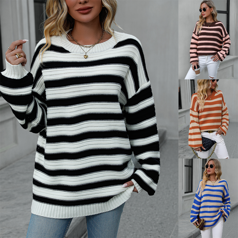Striped sweater plus size women's knitted round neck pullover sweater for women