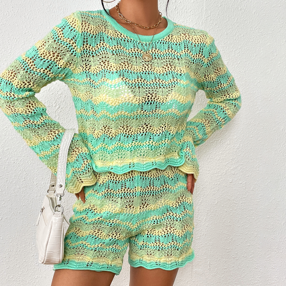 Two-piece patchwork sweater loose mid-color round neck striped sweater for women