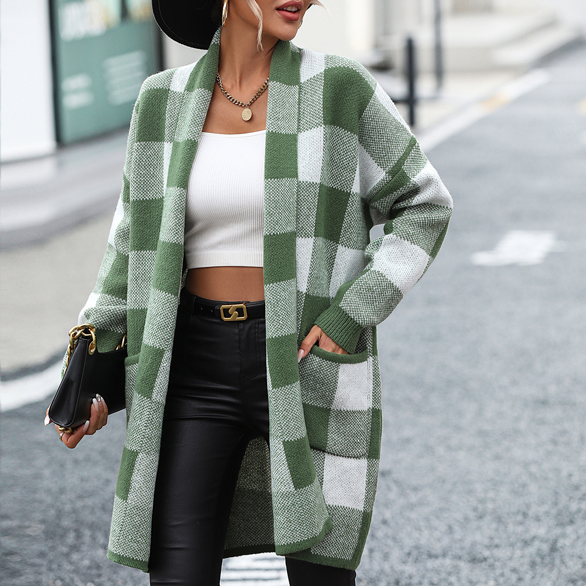 Loose plaid color block knitted cardigan fashionable sweater