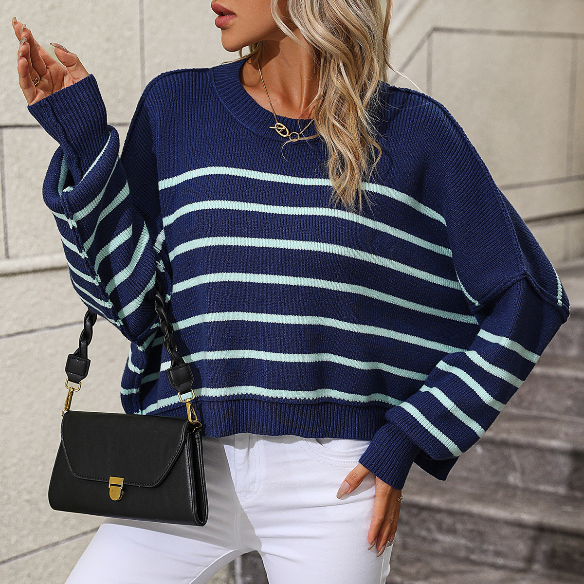 Women's round neck sweater loose pullover striped sweater