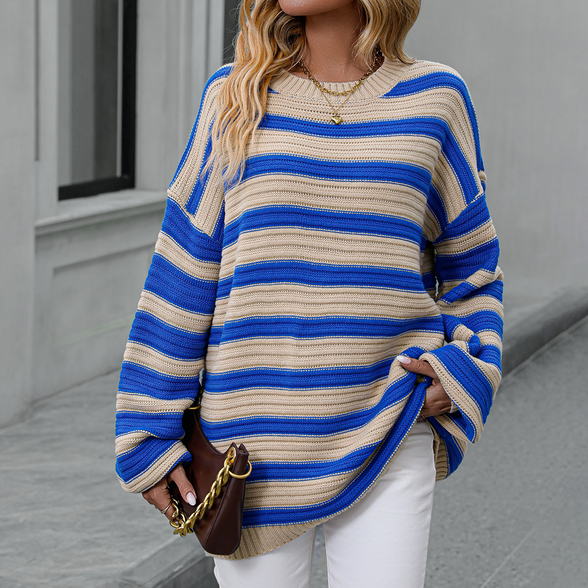 Striped sweater plus size women's knitted round neck pullover sweater for women