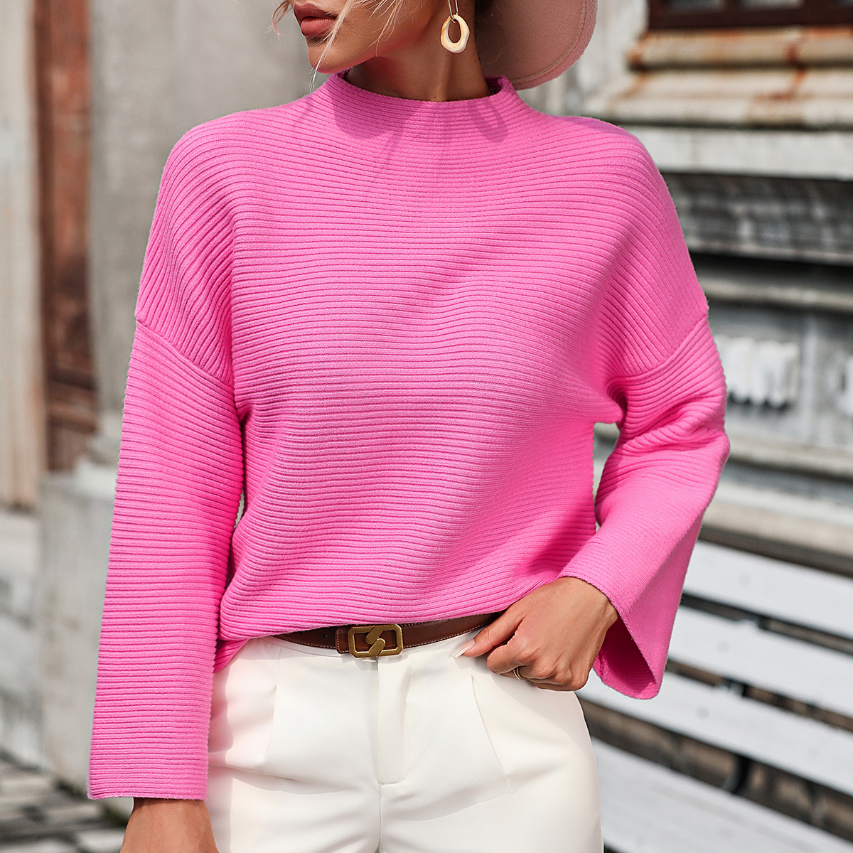 Loose women's sweater nine-quarter sleeve solid color sweater for women