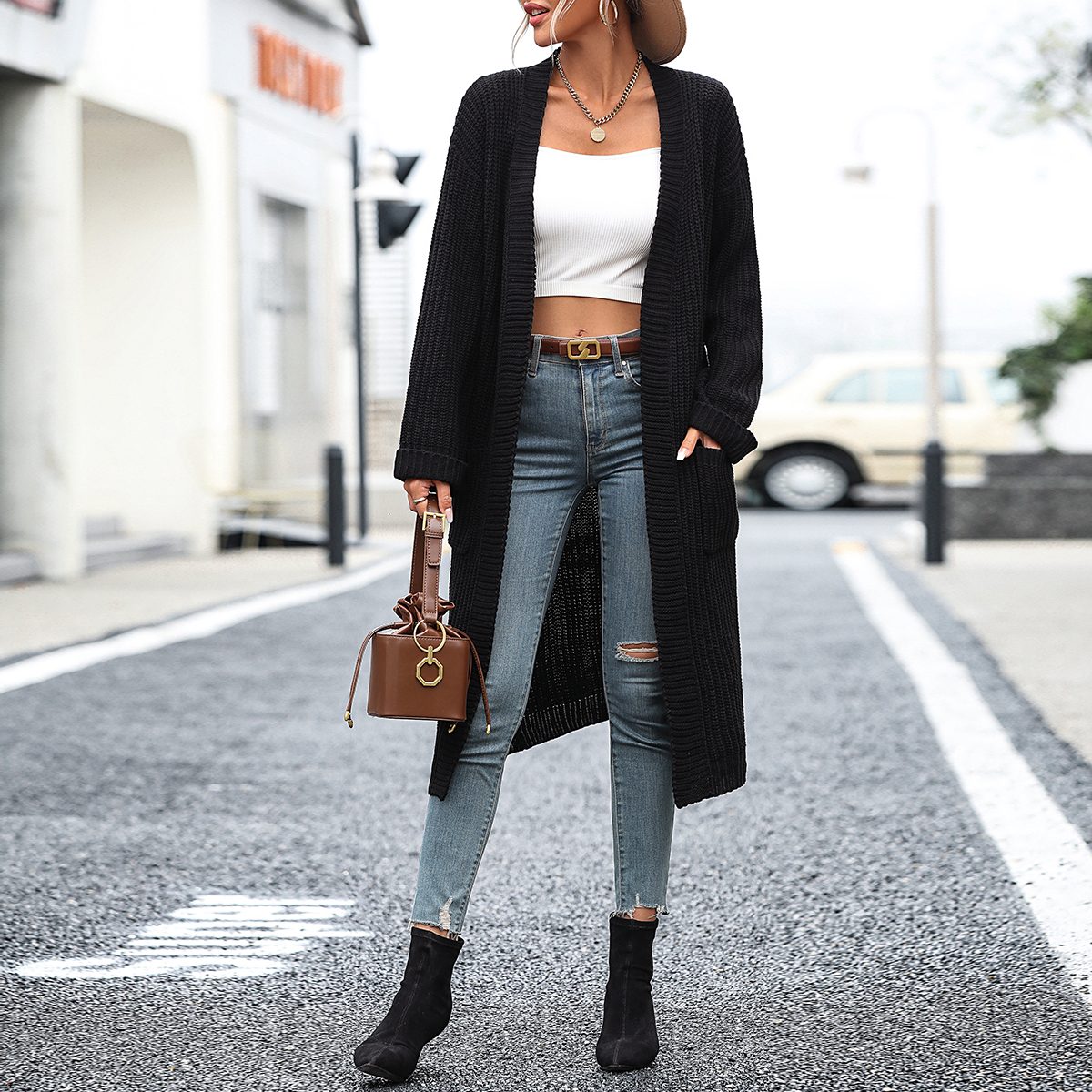 Women's solid color sweater pocket coat sweater women