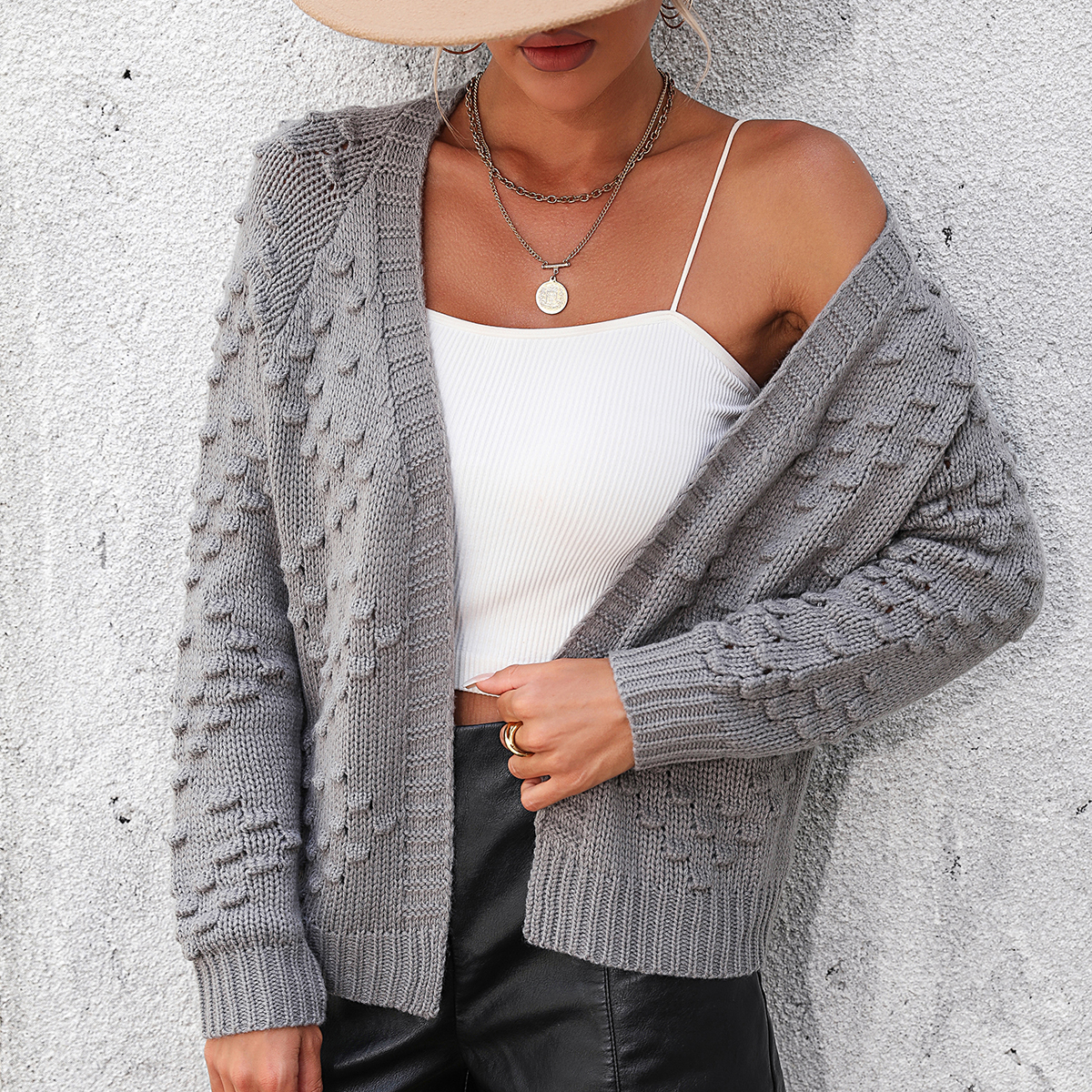 Women's knitted three-dimensional pattern cardigan coat sweater for women