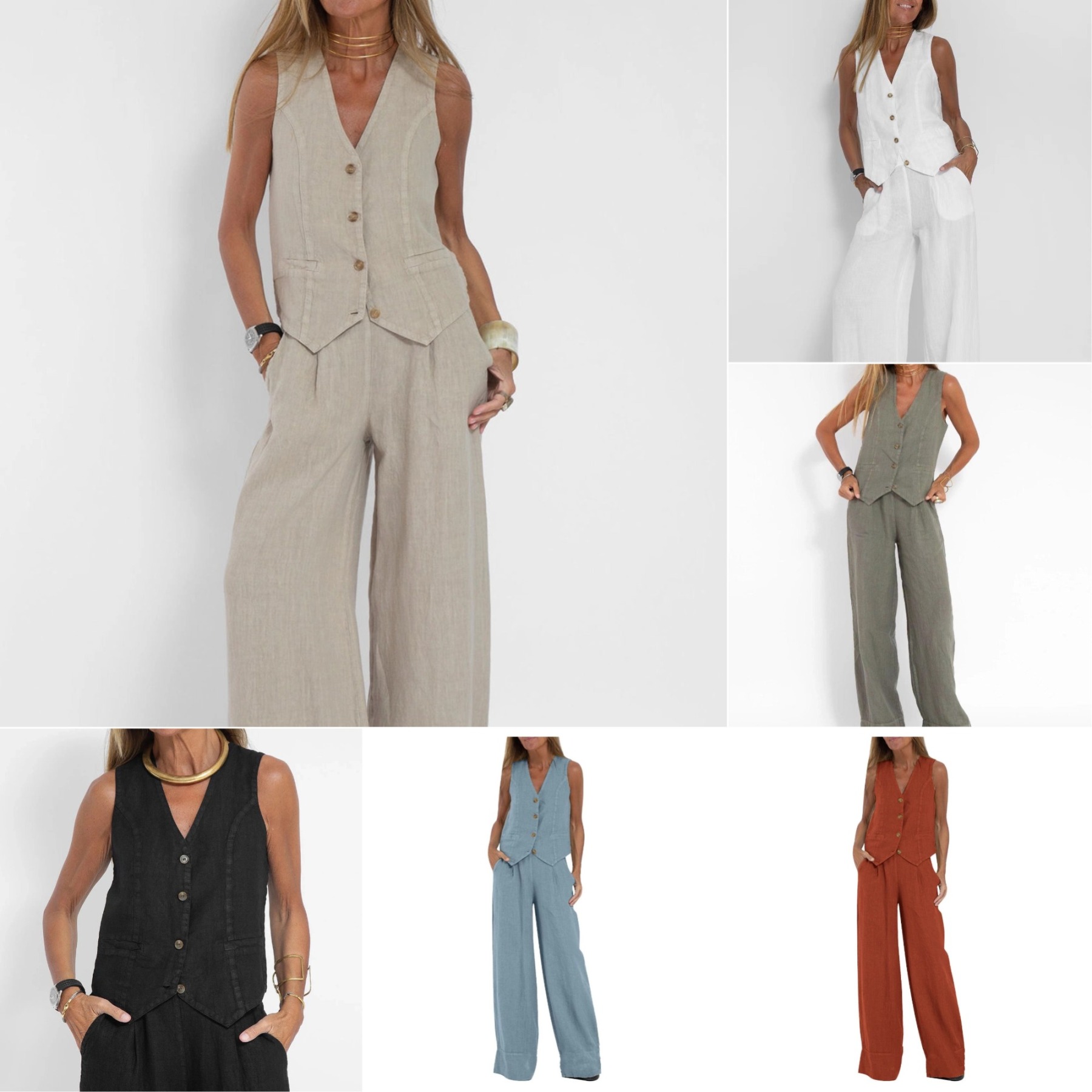 Női lezser pamut és lenvászon V-nyakú mellény és bő szárú nadrág szett