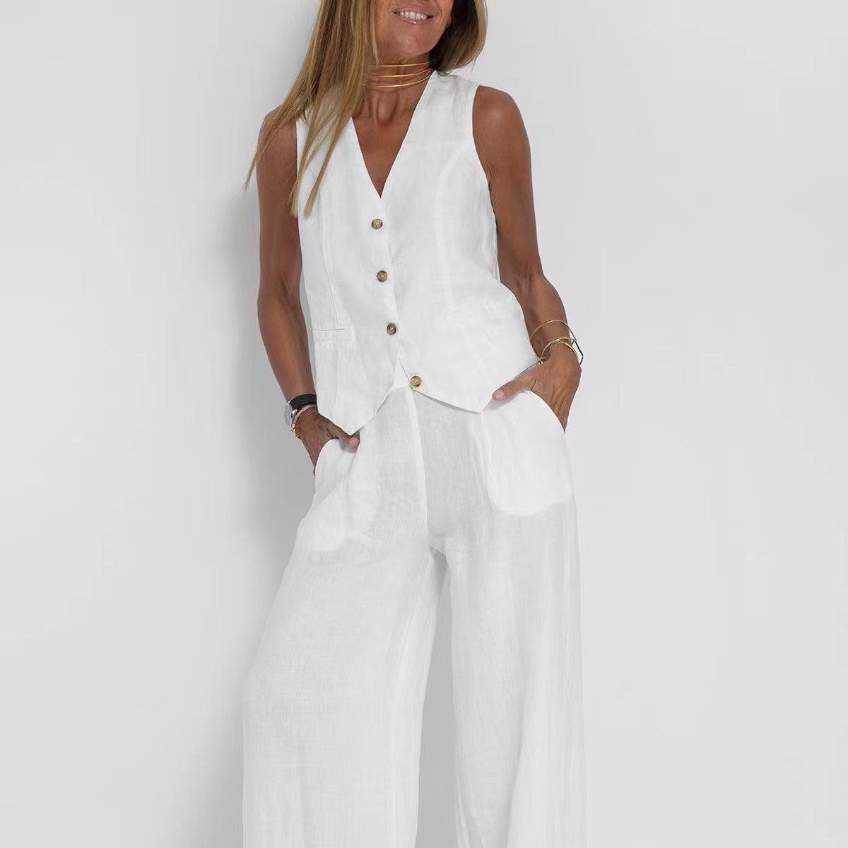 Női lezser pamut és lenvászon V-nyakú mellény és bő szárú nadrág szett