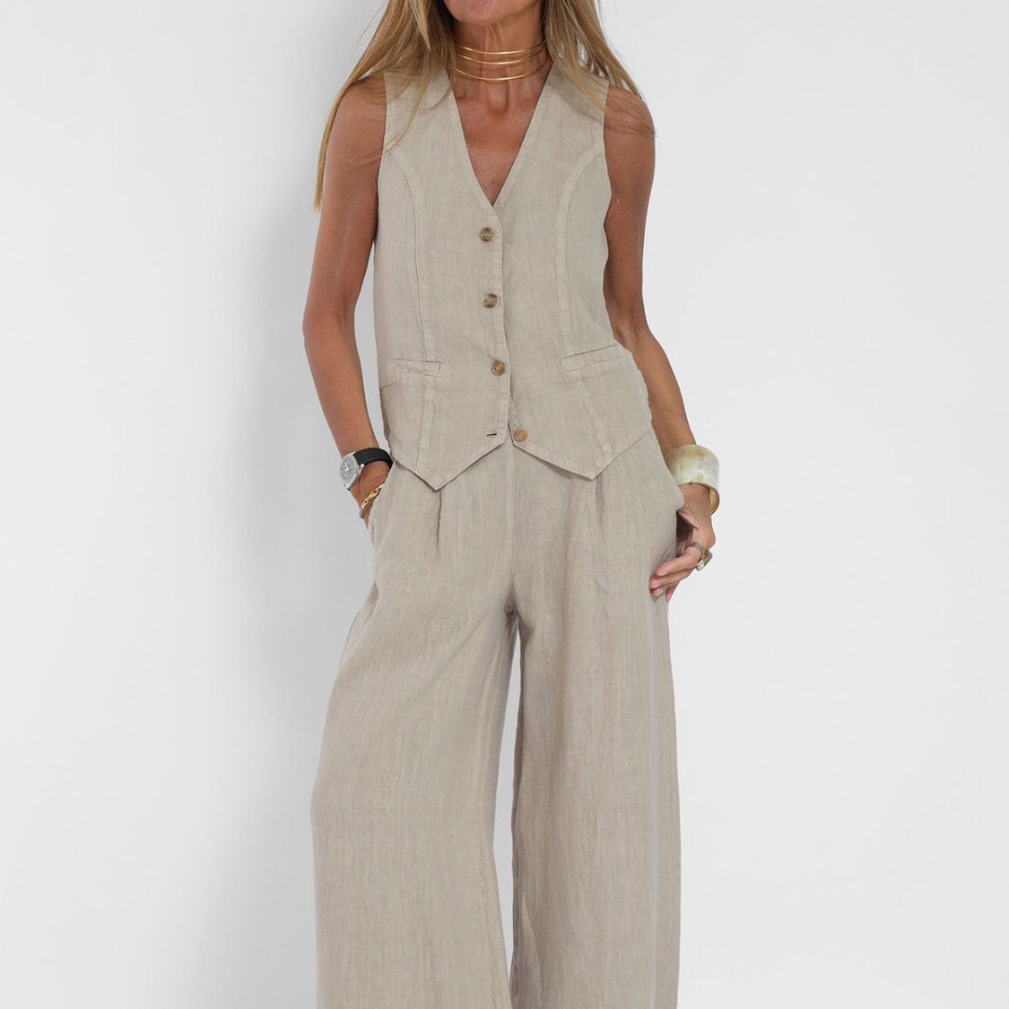 Női lezser pamut és lenvászon V-nyakú mellény és bő szárú nadrág szett