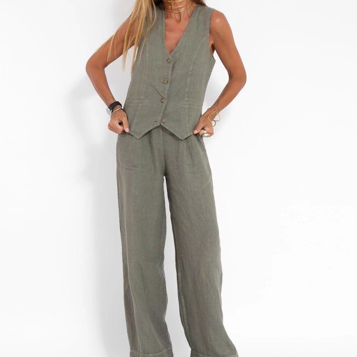 Női lezser pamut és lenvászon V-nyakú mellény és bő szárú nadrág szett