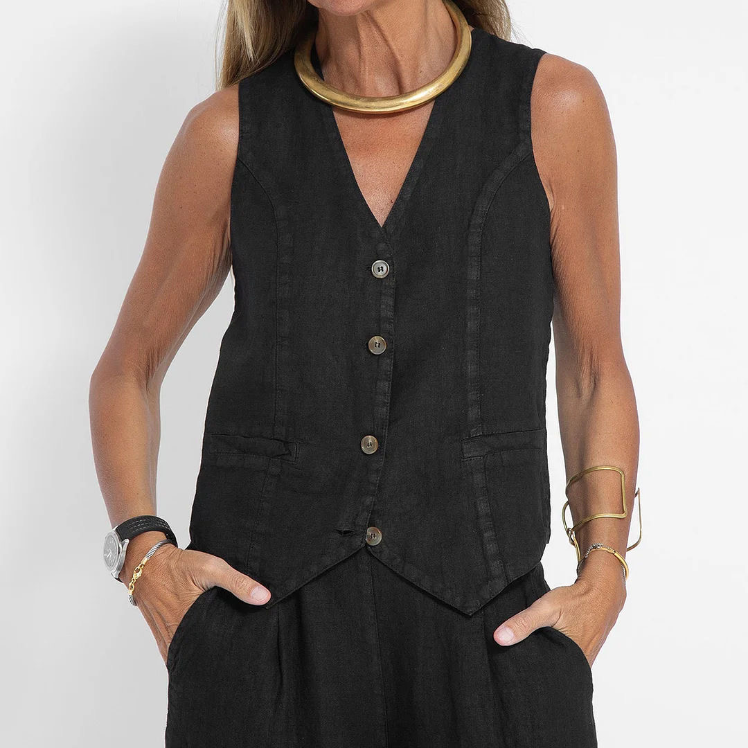 Női lezser pamut és lenvászon V-nyakú mellény és bő szárú nadrág szett