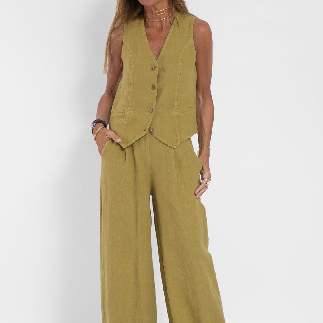 Női lezser pamut és lenvászon V-nyakú mellény és bő szárú nadrág szett