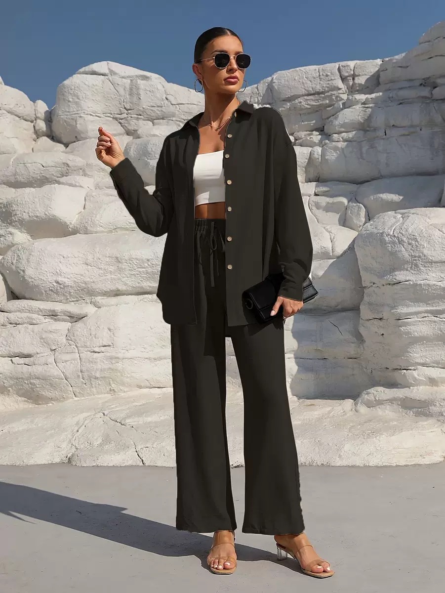 Laza pamut és lenvászon kardigán kétrészes szett