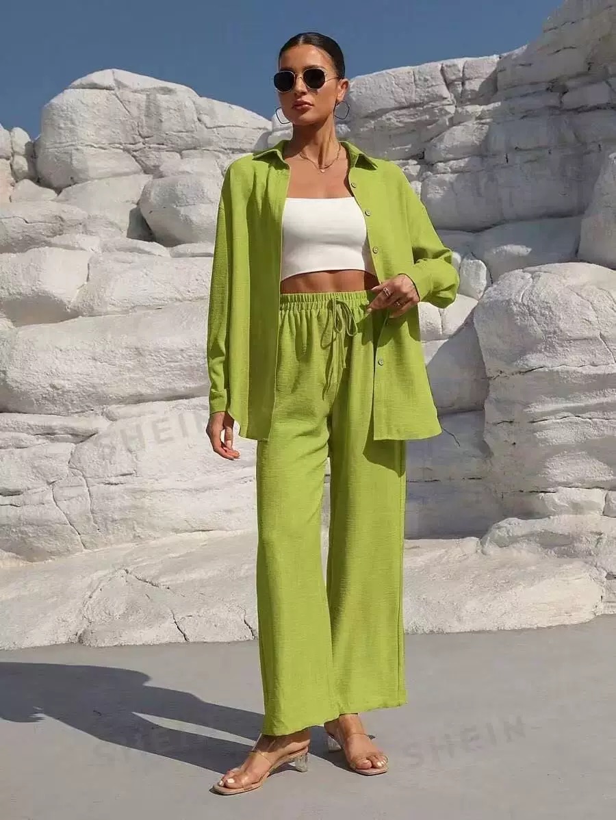 Laza pamut és lenvászon kardigán kétrészes szett