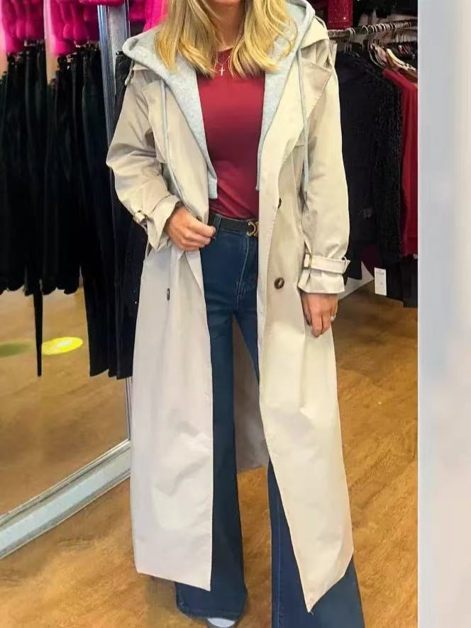 Női kapucnis, hajtókás, kétrészes, hamis, lezser, hosszú ballonkabát