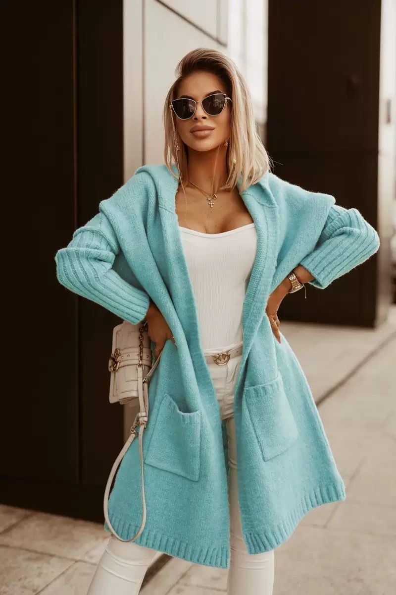 Női középhosszúságú kapucnis gyapjú kardigán