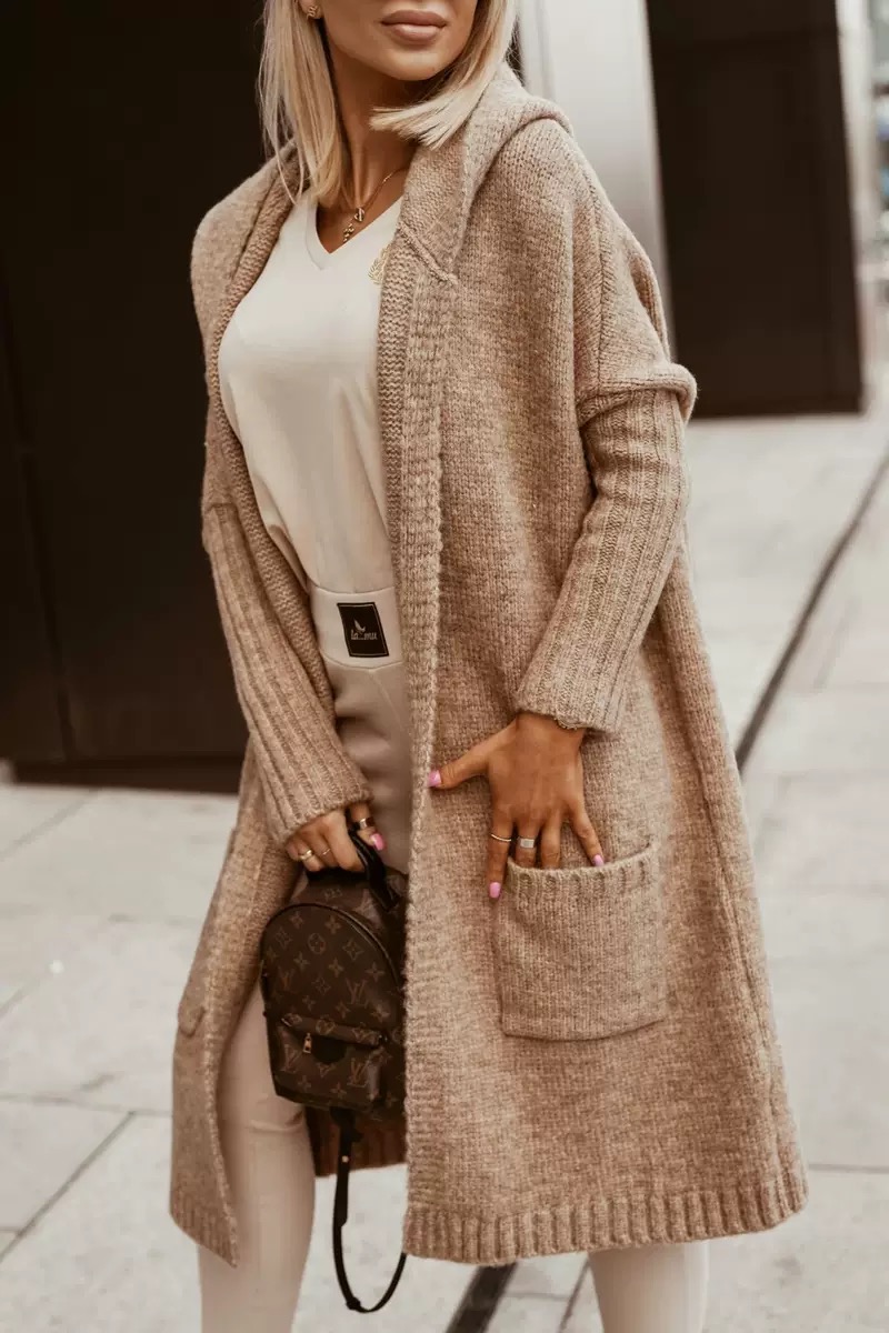 Női középhosszúságú kapucnis gyapjú kardigán