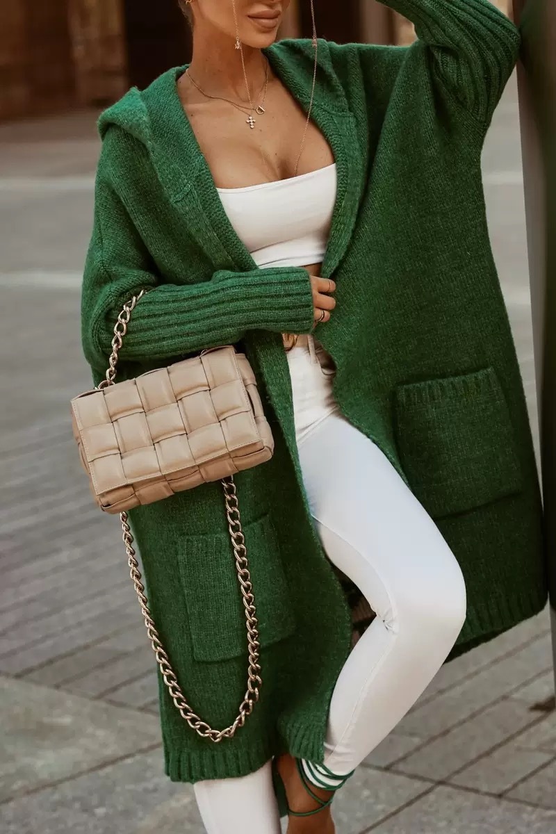 Női középhosszúságú kapucnis gyapjú kardigán