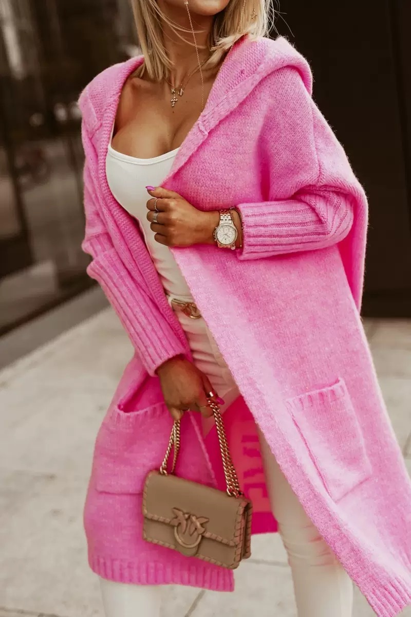 Női középhosszúságú kapucnis gyapjú kardigán