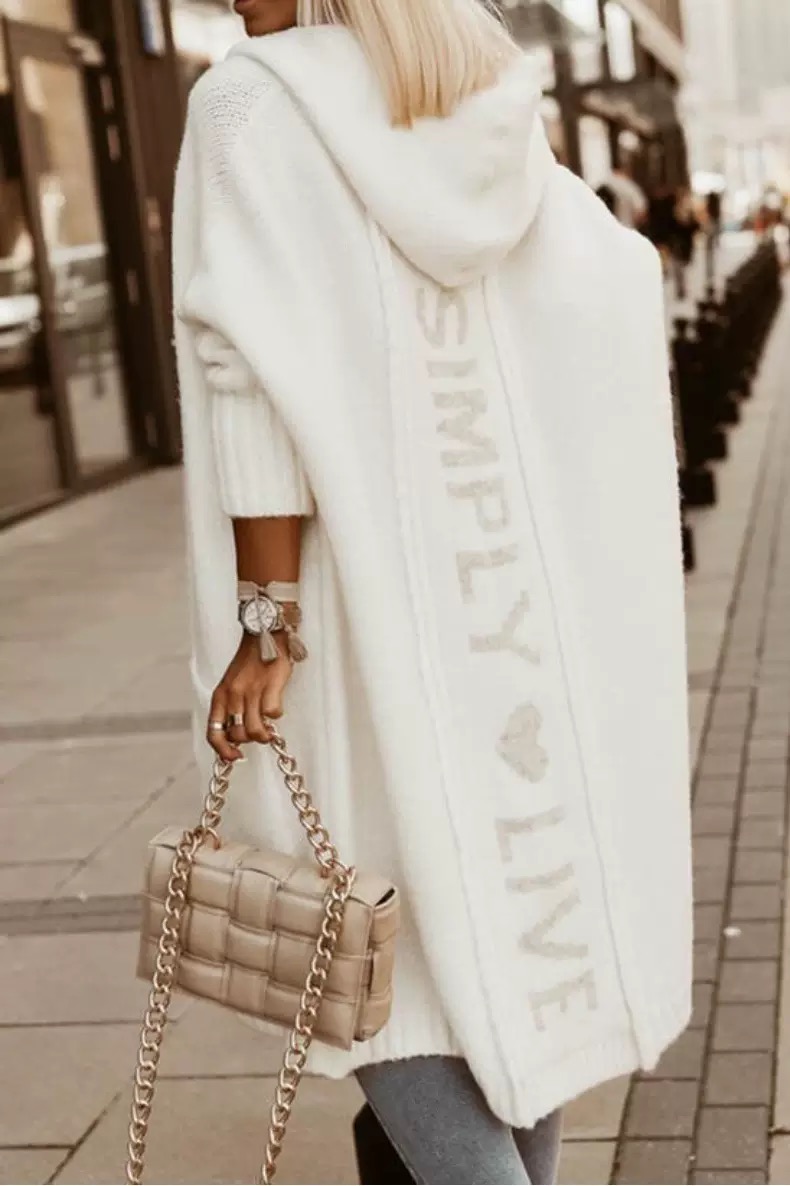 Női középhosszúságú kapucnis gyapjú kardigán