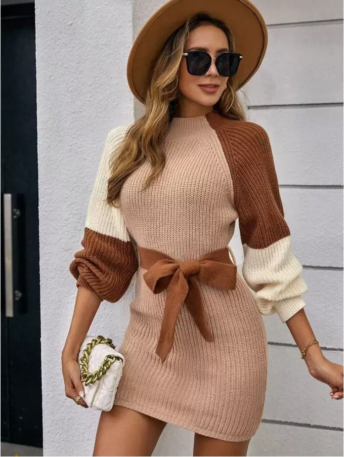 Women's color-blocked knitted belted mini dress
