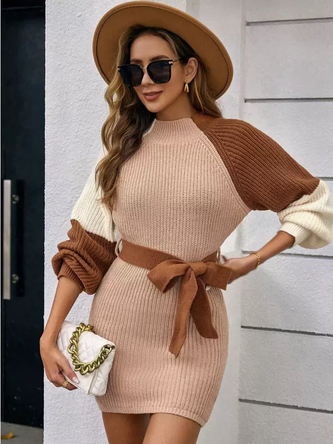 Women's color-blocked knitted belted mini dress