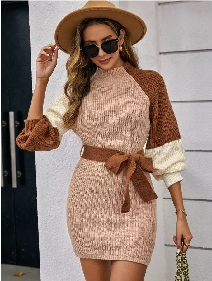 Women's color-blocked knitted belted mini dress