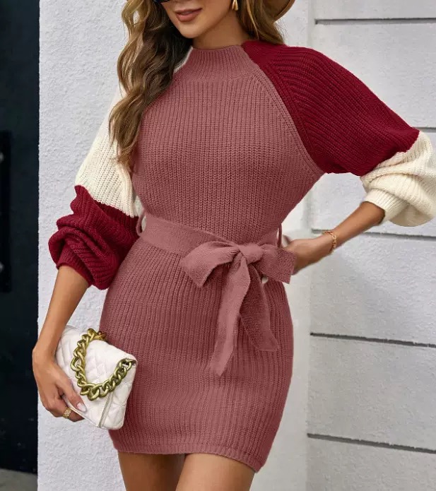 Women's color-blocked knitted belted mini dress