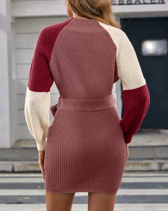 Women's color-blocked knitted belted mini dress