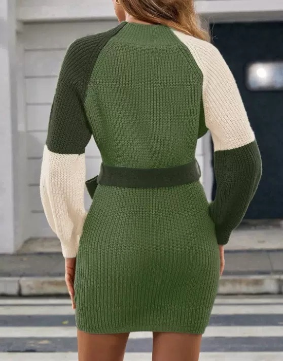 Women's color-blocked knitted belted mini dress