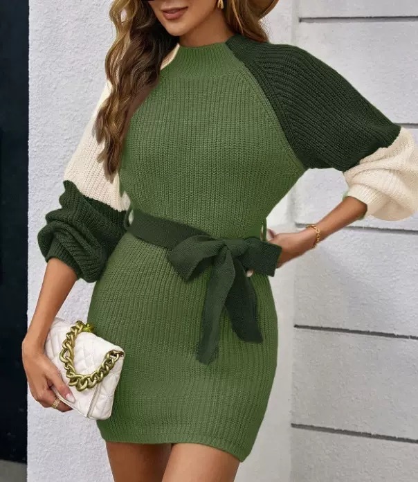 Women's color-blocked knitted belted mini dress