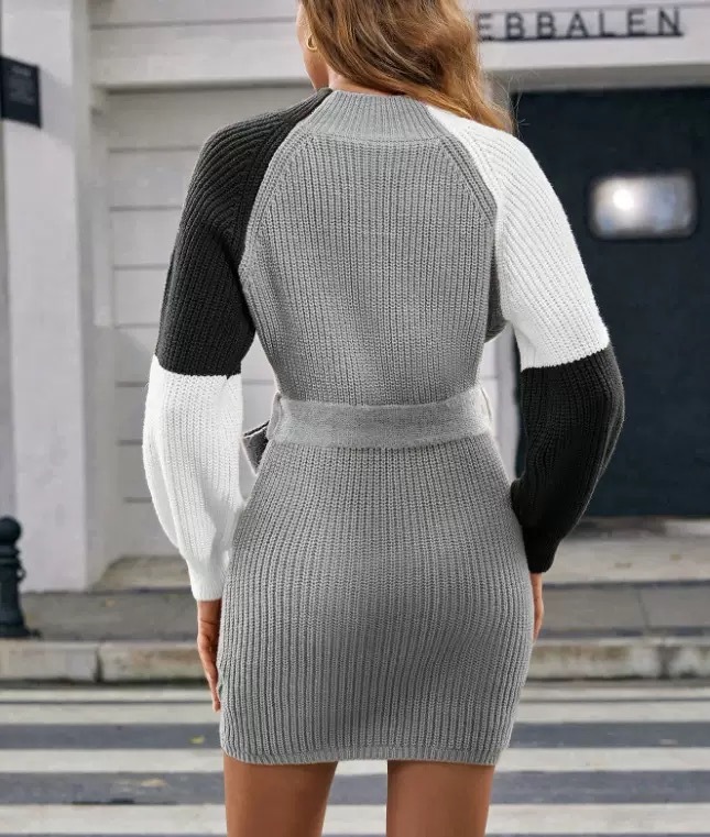 Women's color-blocked knitted belted mini dress