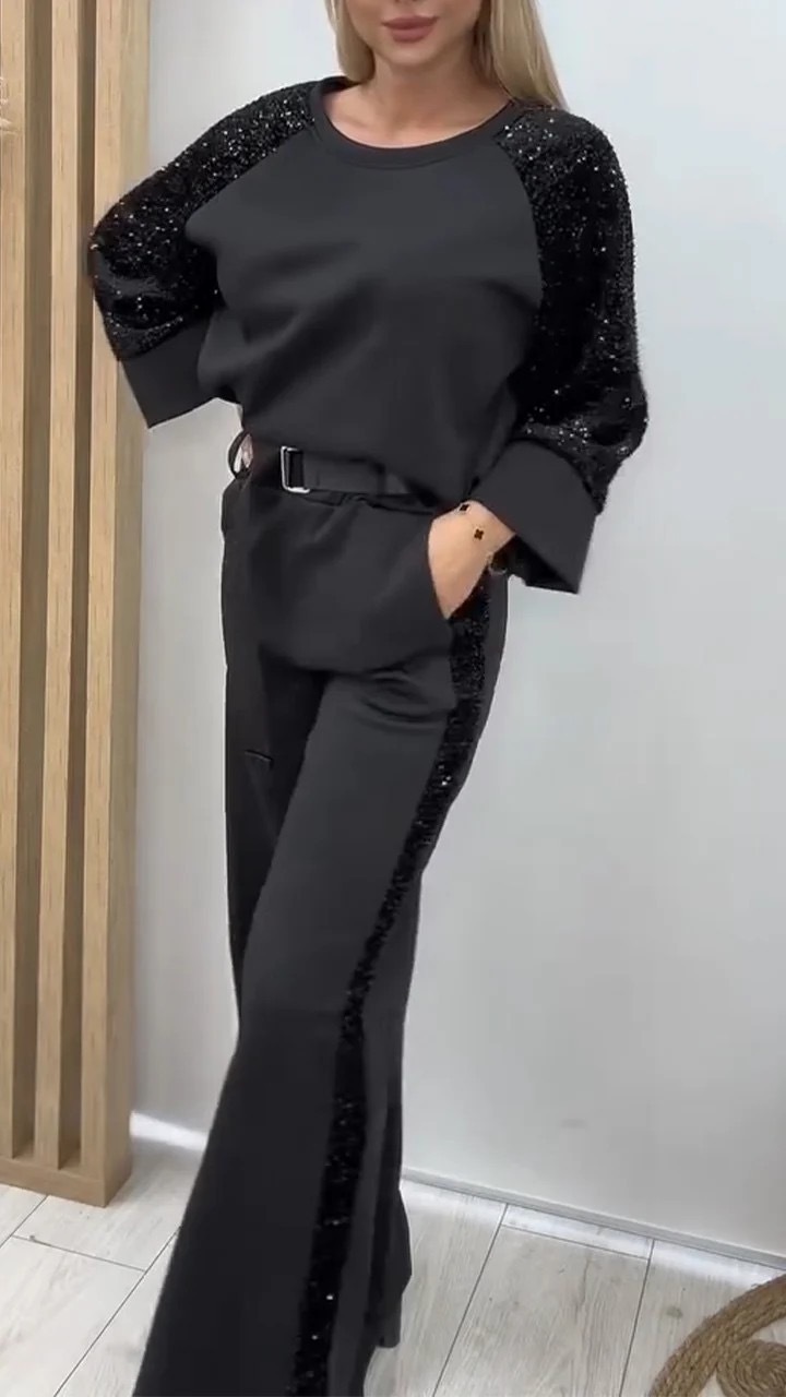 Női kerek nyakú, flitteres, elegáns kétrészes szett