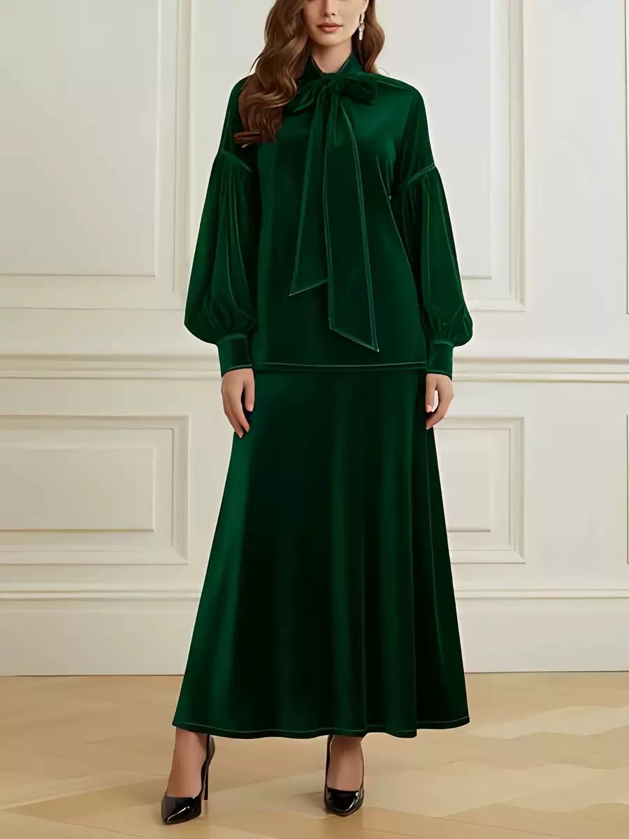 Női magas nyakú bársony ruha masnival és puffos ujjakkal