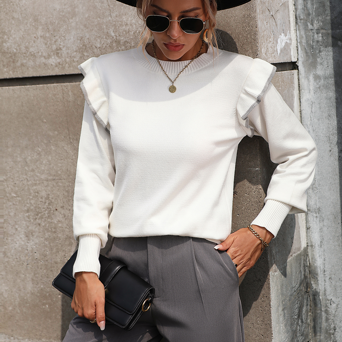 Ruffled knitted sweater loose solid color round neck pullover fashionable sweater for women