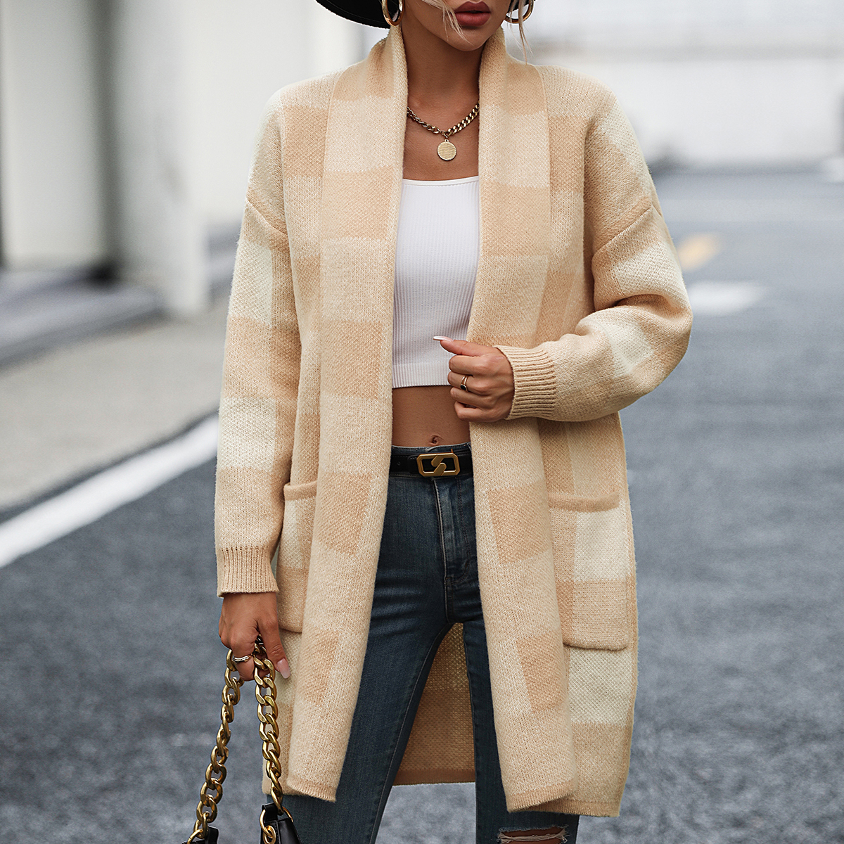 Loose plaid color block knitted cardigan fashionable sweater