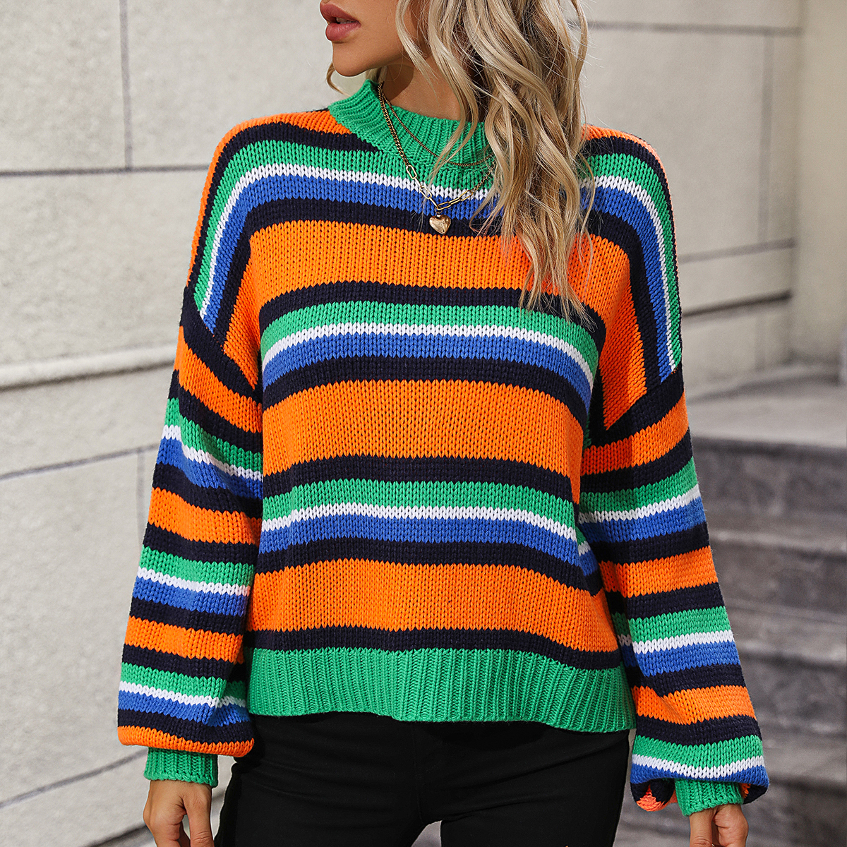 Spliced sweater loose mid-color round neck striped sweater for women