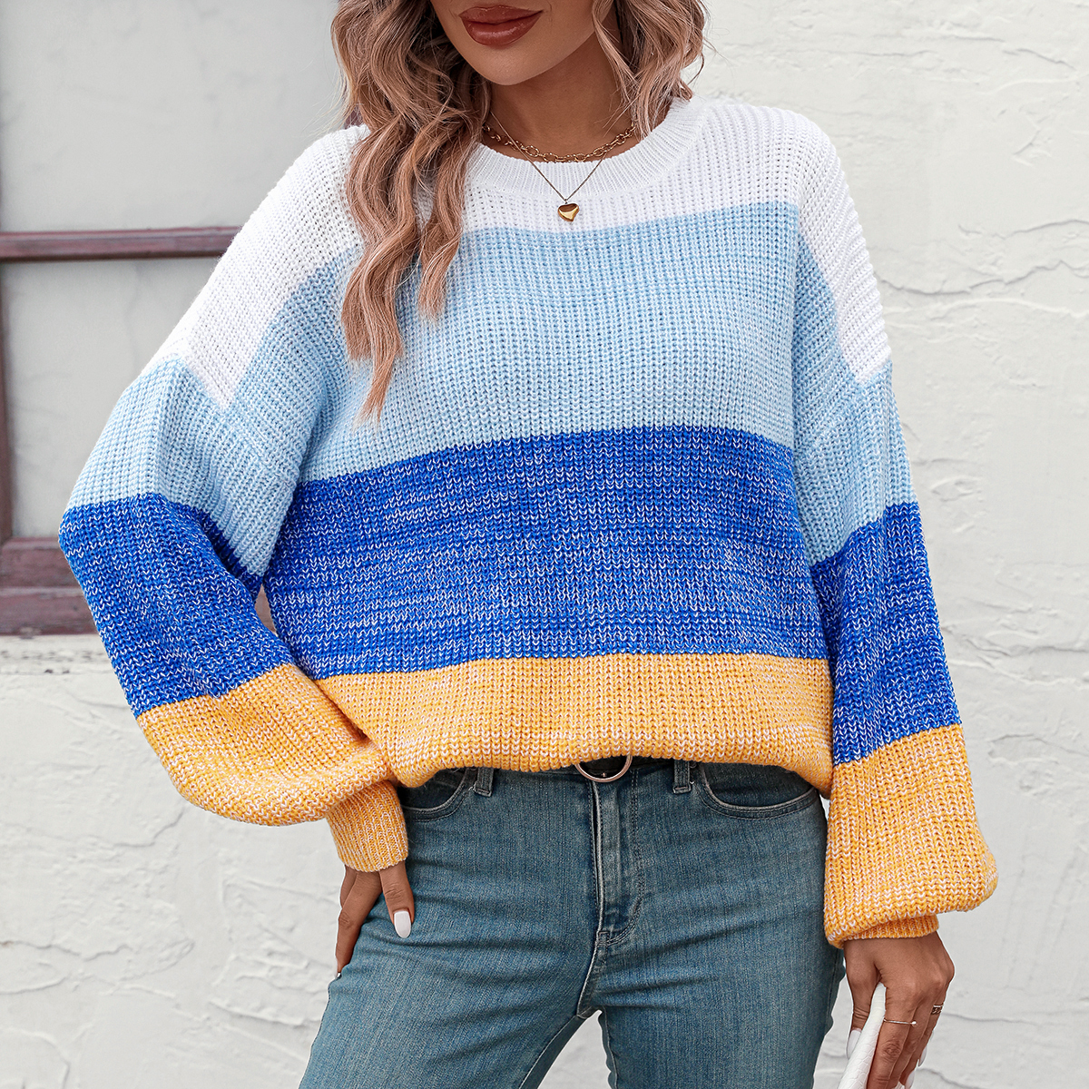 Women's color block crew neck sweater fashionable sweater