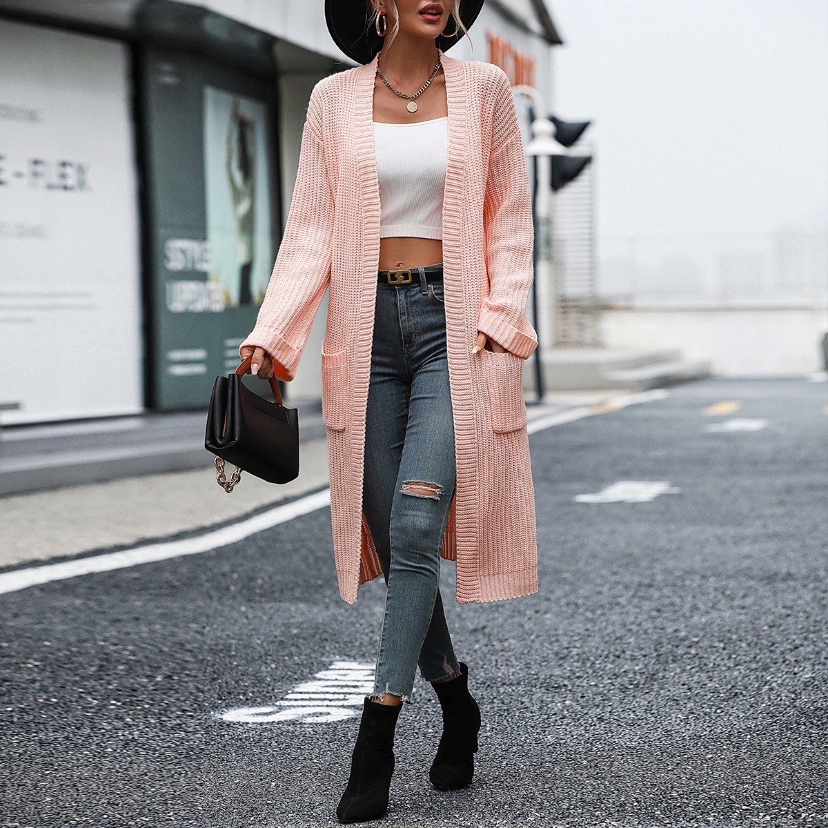 Women's solid color sweater pocket coat sweater women